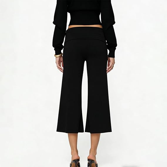Women's Fold Over Low Rise Wide Leg Cropped Pant