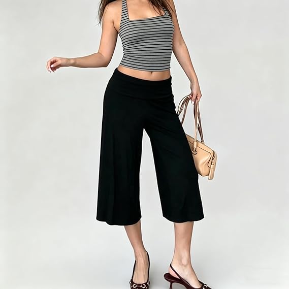 Women's Fold Over Low Rise Wide Leg Cropped Pant