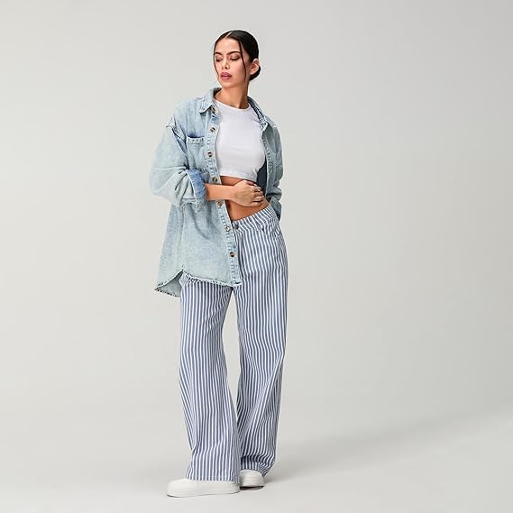 Women's High Waist Striped Bell Bottom Pant